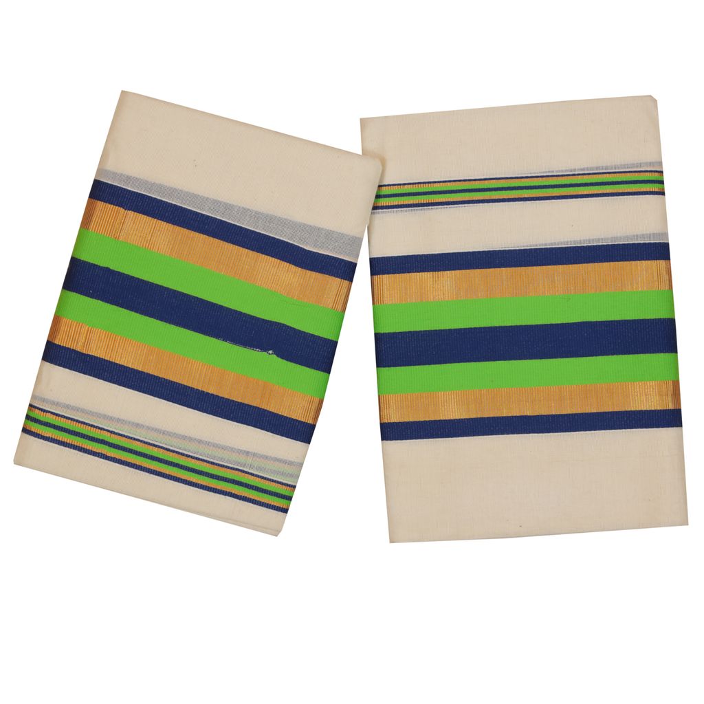 Set Mundu With Blue, Gold, And Light Green Kara