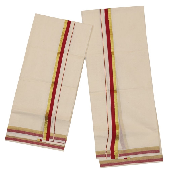 Traditional Set Mundu With Maroon And Golden Kara - image 2