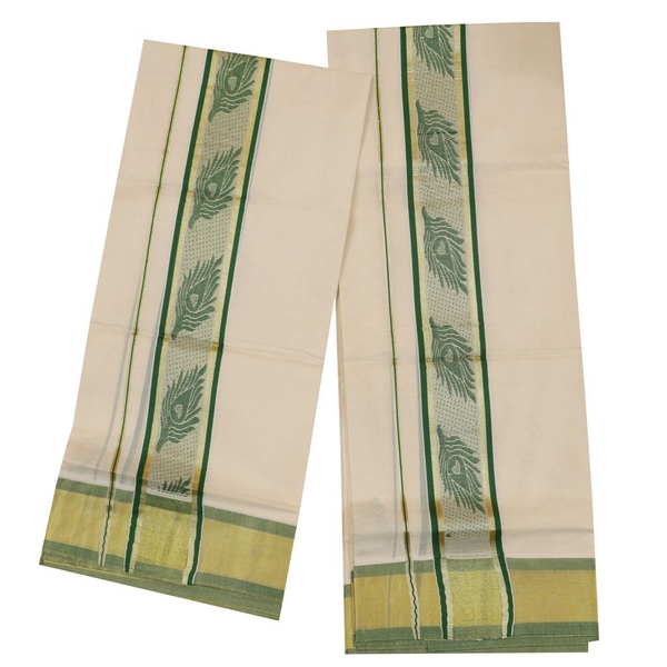 Traditional Set Mundu With Green Mayilpeeli Design thumbnail 2