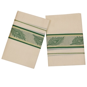Traditional Set Mundu With Green Mayilpeeli Design