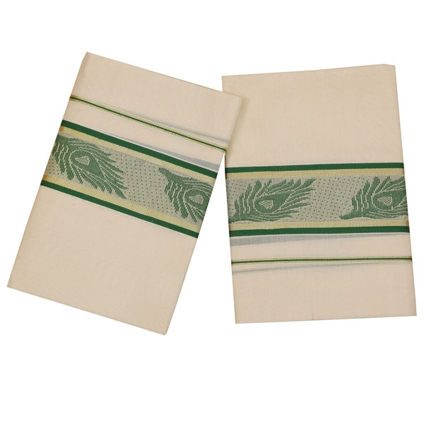 Traditional Set Mundu With Green Mayilpeeli Design thumbnail 1