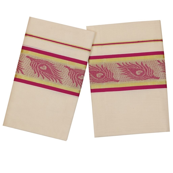 Traditional Set Mundu With Purple Mayilpeeli Design - image 1