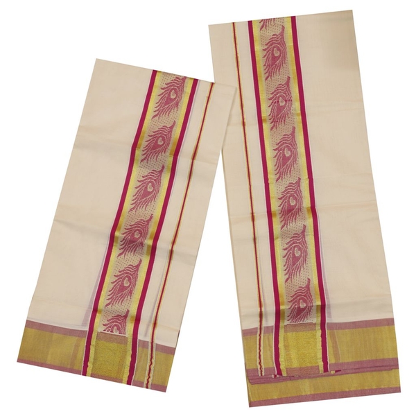 Traditional Set Mundu With Purple Mayilpeeli Design thumbnail 2