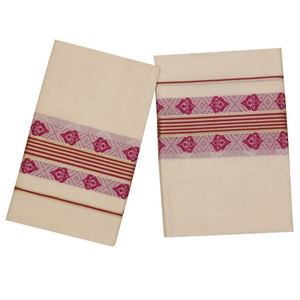 Traditional Set Mundu With Purple Print