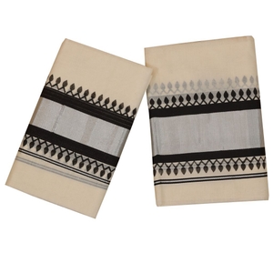 Traditional Set Mundu With Silver And Black Print