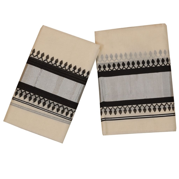 Traditional Set Mundu With Silver And Black Print thumbnail 1