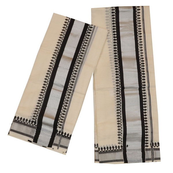 Traditional Set Mundu With Silver And Black Print - image 2