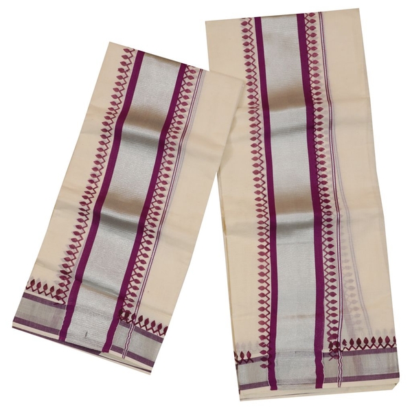 Traditional Set Mundu With Silver And Purple Print - image 2