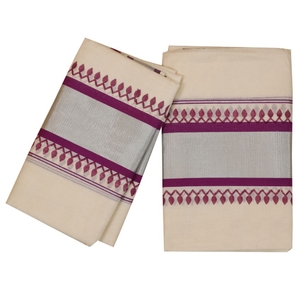 Traditional Set Mundu With Silver And Purple Print
