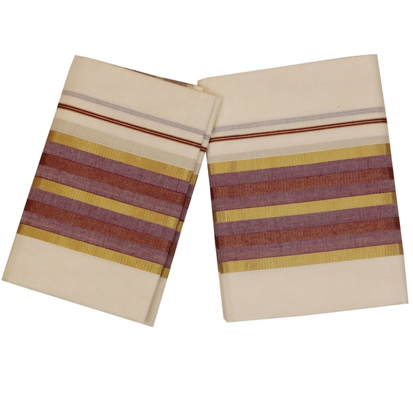 Traditional Set Mundu With Purple And Golden Kara thumbnail 1