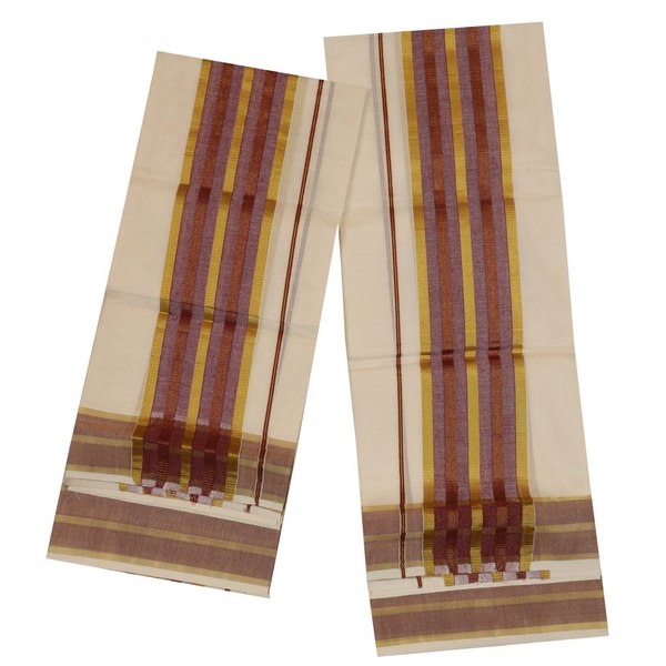 Traditional Set Mundu With Purple And Golden Kara thumbnail 2