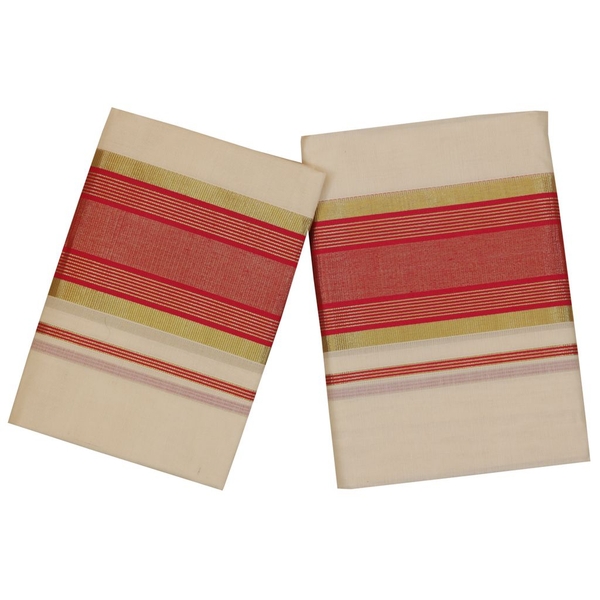 Traditional Set Mundu With Red And Golden Kara - image 1