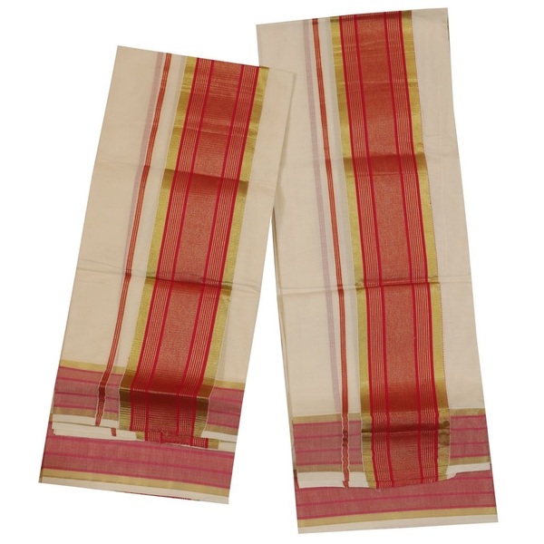 Traditional Set Mundu With Red And Golden Kara - image 2