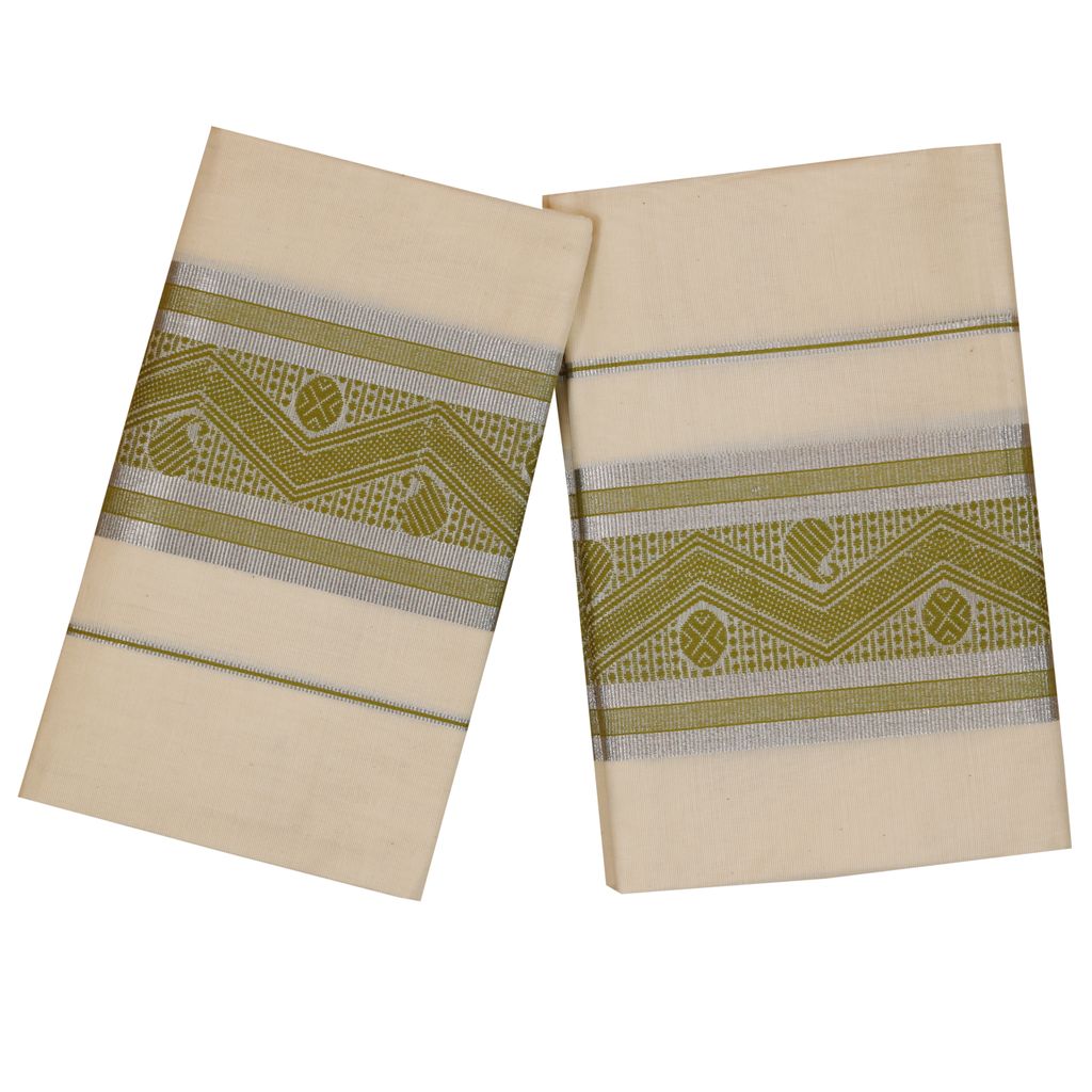 Traditional Set Mundu With Light Green Print