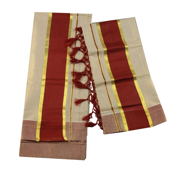 Tissue Set Mundu With Colour Woven Border - image 2