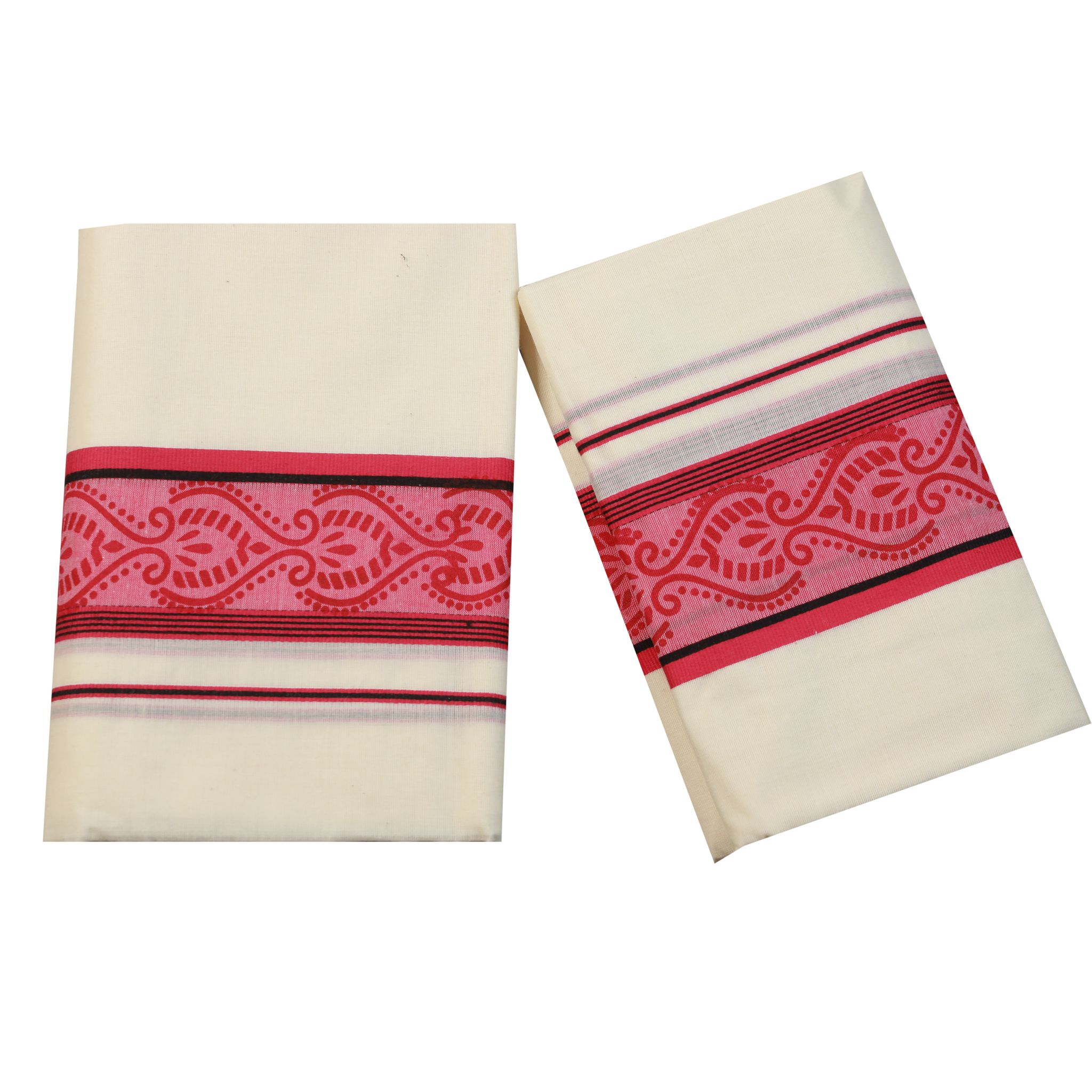 Mulloth Kara Set Mundu With Floral Block Print Border