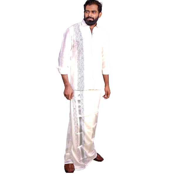 Floral Block Printed Kasavu Dhoti Shirt Set thumbnail 3