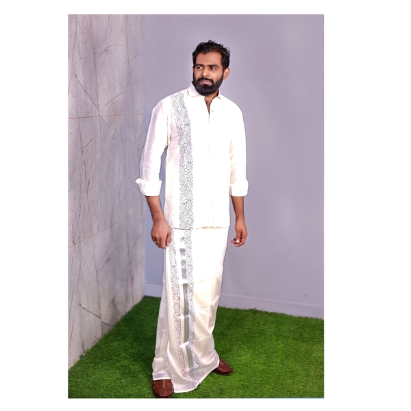 Floral Block Printed Kasavu Dhoti Shirt Set thumbnail 1