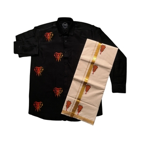 Gajaveeran Print Shirt And Nettipattam Print Mundu Combo For Men