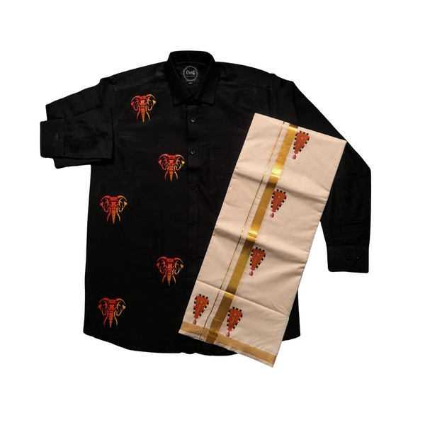 Gajaveeran Print Shirt And Nettipattam Print Mundu Combo For Men - image 1