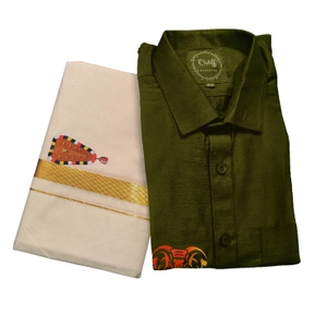 Gajaveeran Print Shirt And Nettipattam Print Mundu Combo For Men