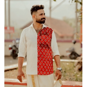 Men's Off-White Ethnic Shirt with Ajrakh Panel Detail